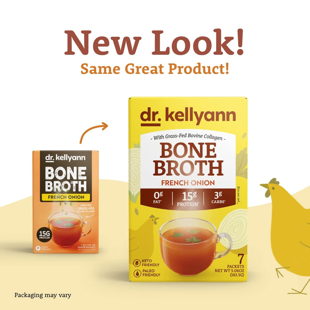 Dr. Kellyann French Onion Bone Broth Packets (7 Servings) – 16g Protein, Grass-Fed Hydrolyzed Collagen, Keto & Paleo-Friendly, 1 Box