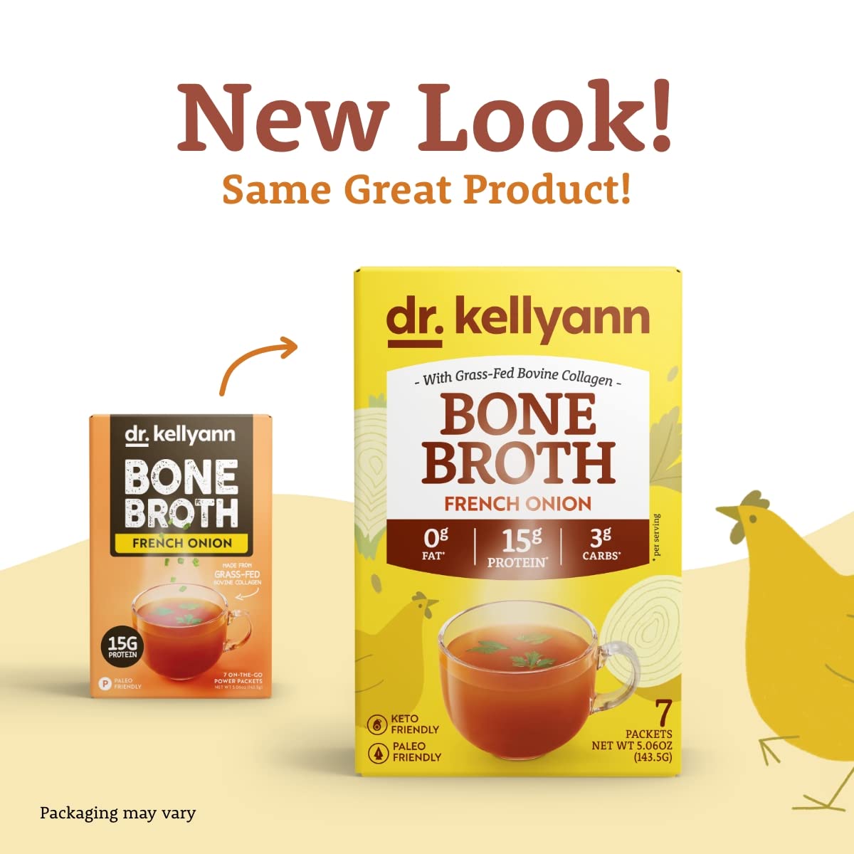 Dr. Kellyann French Onion Bone Broth Packets (7 Servings) – 16g Protein, Grass-Fed Hydrolyzed Collagen, Keto & Paleo-Friendly, 1 Box