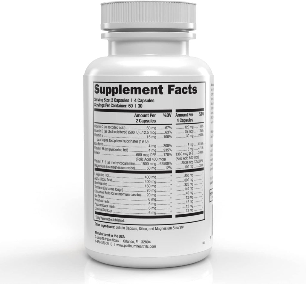 Platinum Health Alpha Lipoic Acid for Neuropathy Nerve Pain Support, Supplement, B Vitamins, L Arginine, All Natural Maximum Strength Neuropaquell for Discomfort in Feet, Hand, Toes,120 Capsules,800mg