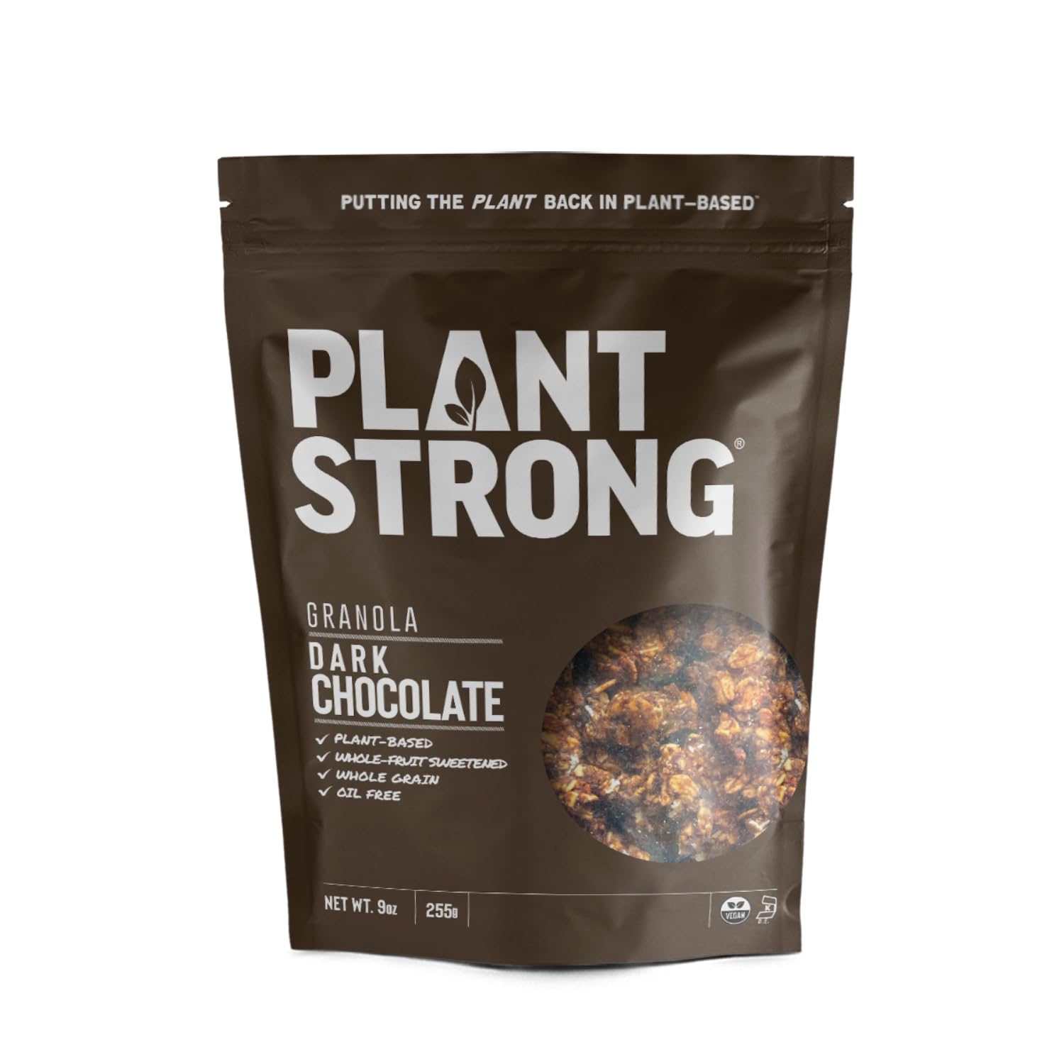 PLANTSTRONG Dark Chocolate Granola Snack Mix - Whole Grain, Naturally Sweetened With Fruit, Plant Based, Oil Free - Pack of 4 x 9oz Bags
