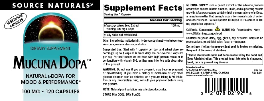 Source Naturals Mucuna Dopa, for Mood & Performance*, 100 mg - 120 Vegetarian Capsules