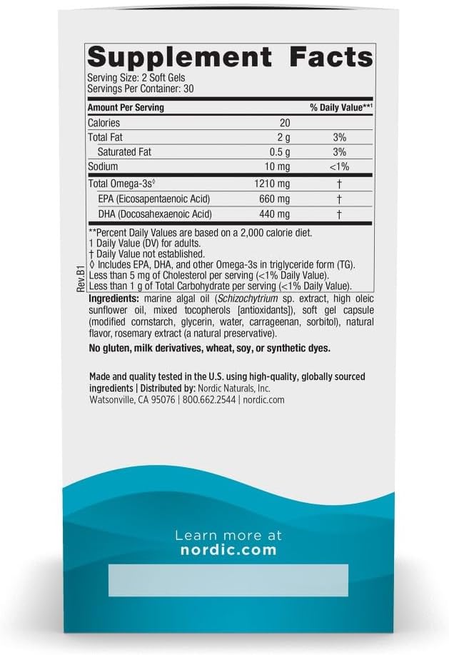 Nordic Naturals Plant Based Ultimate Omega, Lemon Flavor - 60 Vegetarian Soft Gels - 1210 mg Omega-3 - Vegan EPA and DHA - Supplement Made from Algae - Brain & Heart Support - Non-GMO - 30 Servings