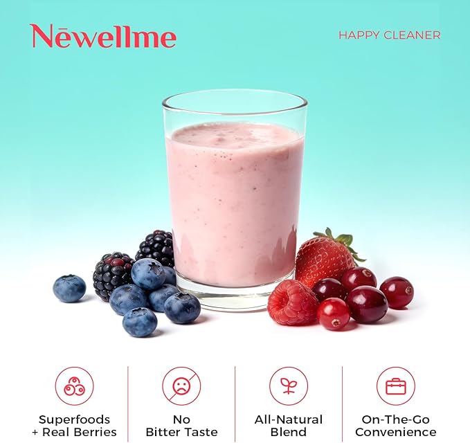 NEWELLME Happy Cleaner Digestive Supplement Powder, Gut Health Drink Mix with Probiotics, Digestive Enzymes & Fiber, Supports Digestion and Bloating, Berry Flavor, 28 Sachets (2 Boxes)