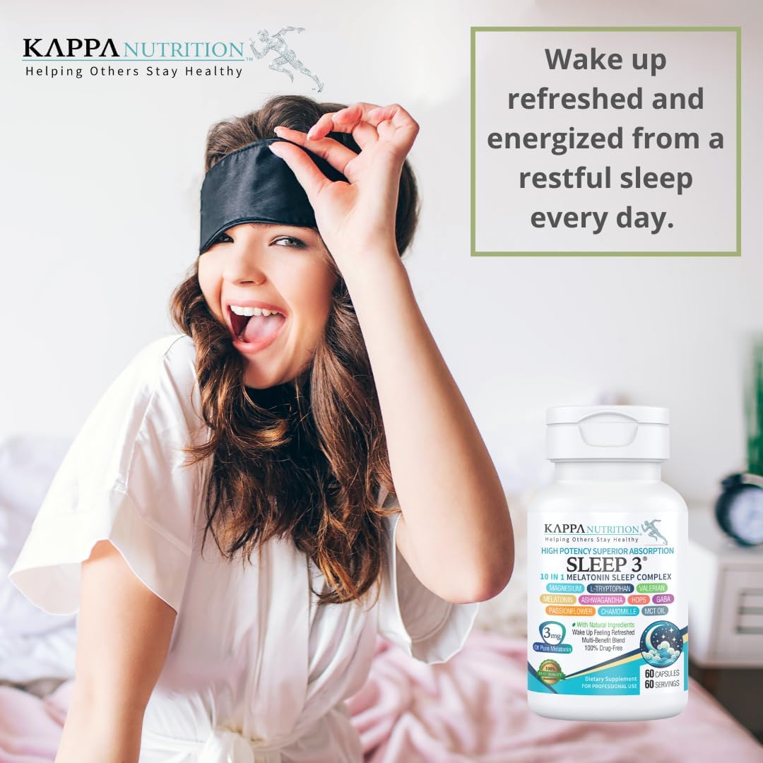 KAPPA NUTRITION Sleep 3, Sleep Aid, 3mg of Melatonin, 60-Day Supply, Non-Habit Forming Vegan Capsules Natural Ingredients for Easier Bedtime, Herbal Supplement, Valerian Root, Chamomile Non-GMO