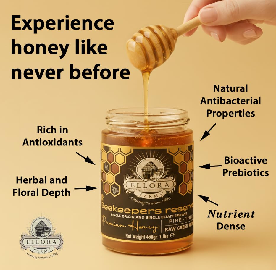 Ellora Farms Greek Honey Single Estate PDO, Pine & Thyme Raw Honey Unfiltered, Beautiful Gift Pack with Dipper, Beekeepers Reserve, Pure Raw & Unfiltered Cold-Pressed, Gluten Free - 450 g