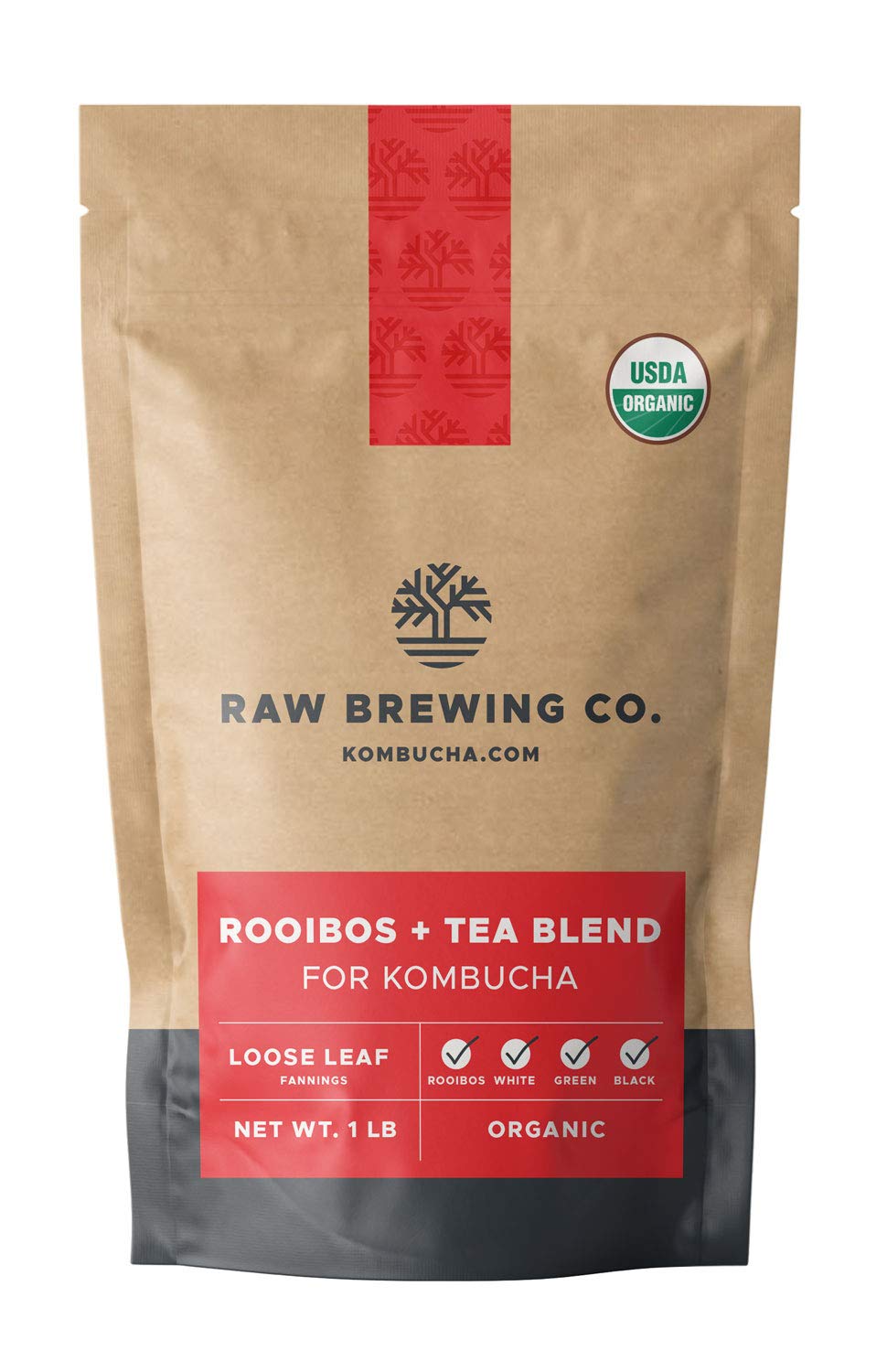 Kombucha.com Certified Organic Loose Leaf Rooibos & Tea - Kombucha Brewing Blends (Rooibos/Black/Green/White Tea Blend, 1 Pound + 100 XL FILTER BAGS) - 30% Rooibos 70% Tea