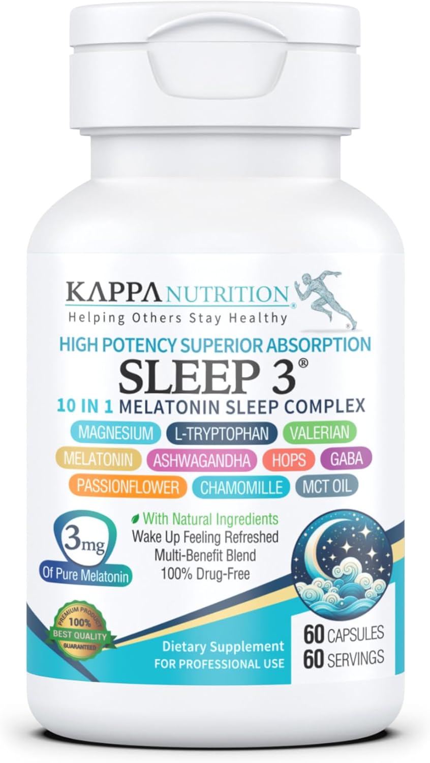 KAPPA NUTRITION Sleep 3, Sleep Aid, 3mg of Melatonin, 60-Day Supply, Non-Habit Forming Vegan Capsules Natural Ingredients for Easier Bedtime, Herbal Supplement, Valerian Root, Chamomile Non-GMO