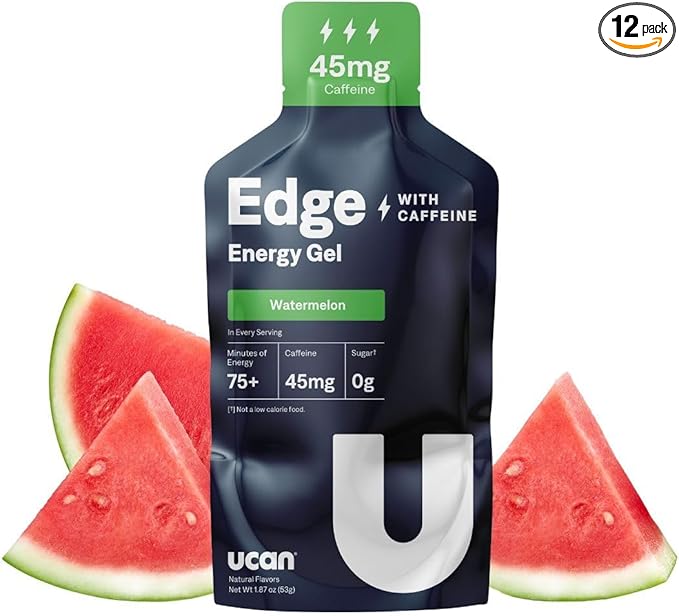 UCAN Edge Energy Gel Shots, Watermelon & Caffeine (12, 2 Ounce Packets) for Running, Training, Workouts, Fitness, Cycling, Crossfit | Sugar-Free, Vegan, & Keto Friendly Energy