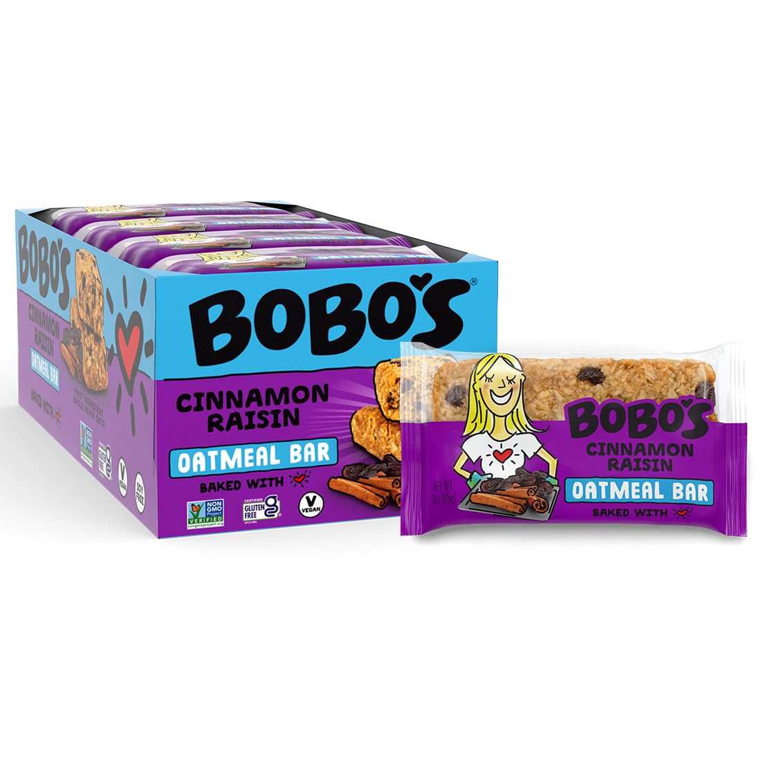Bobo's Cinnamon Raisin Oat Bars, Gluten Free, Non-GMO, Whole Grain Oats, Pack of 12 | Snack Bars | On-the-Go | Made with Simple Ingredients