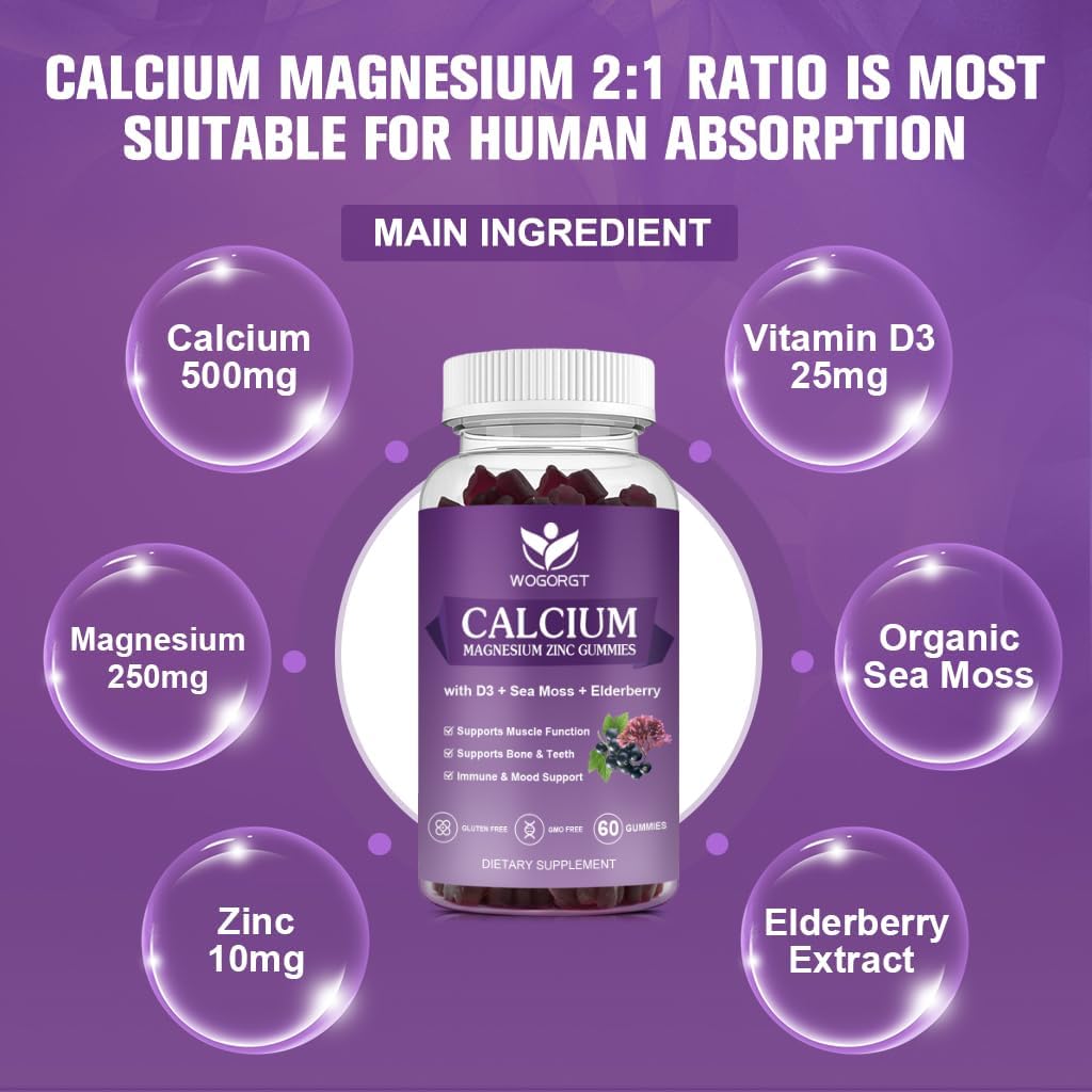 Calcium Magnesium Zinc Gummies with Vitamin D3 - High Absorption Complex Calcium Supplement with Sea Moss, Elderberry for Bone, Muscles, Immune, Mood & Sleep Support, Vegan - 60 Gummies (3 Pack)