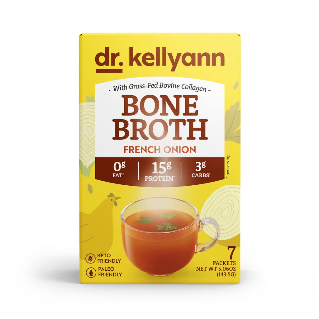 Dr. Kellyann French Onion Bone Broth Packets (7 Servings) – 16g Protein, Grass-Fed Hydrolyzed Collagen, Keto & Paleo-Friendly, 1 Box