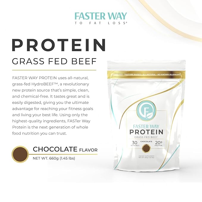 Faster Way - Protein Powder - Hydrolyzed Grass Fed Beef - 20g of Protein Per Serving - Muscle Growth & Recovery - 9 Essential Amino Acids - Sugar, Gluten & Dairy Free - Non-GMO -Chocolate -30 Servings