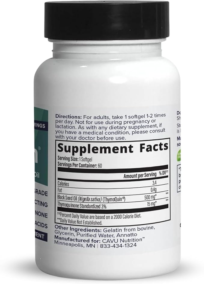 Cold Pressed Black Seed Oil Capsules | USP-Grade, Potent, Full-Spectrum Formula with 3% Thymoquinone | Non-GMO Black Cumin Seed Oil Capsules for Daily Wellness & Vitality | 500mg, 60 Softgel
