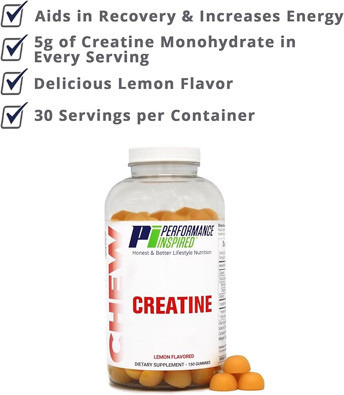 PERFORMANCE INSPIRED Creatine Gummies – 5g Creatine Monohydrate – Muscle Recovery & Strength Support – Lemon Flavor – 150 Count
