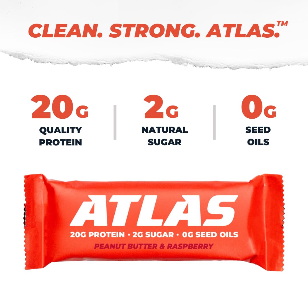 Atlas Bar – 20g Protein, 1g Sugar, 0g Seed Oils, 0g Artificial Sweeteners (36 Count, Peanut Butter Raspberry)