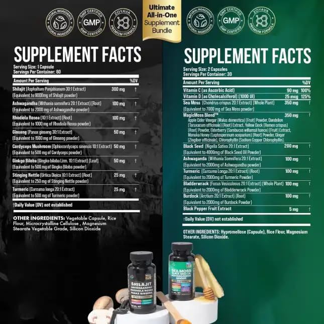Sea Moss and Shilajit Bundle, Sea Moss 7000mg, Black Seed Oil 4000mg, Ashwagandha 2000mg, Ginger & Shilajit 9000mg, Rhodiola Rosea 1000mg, Panax Ginseng (120 Count)