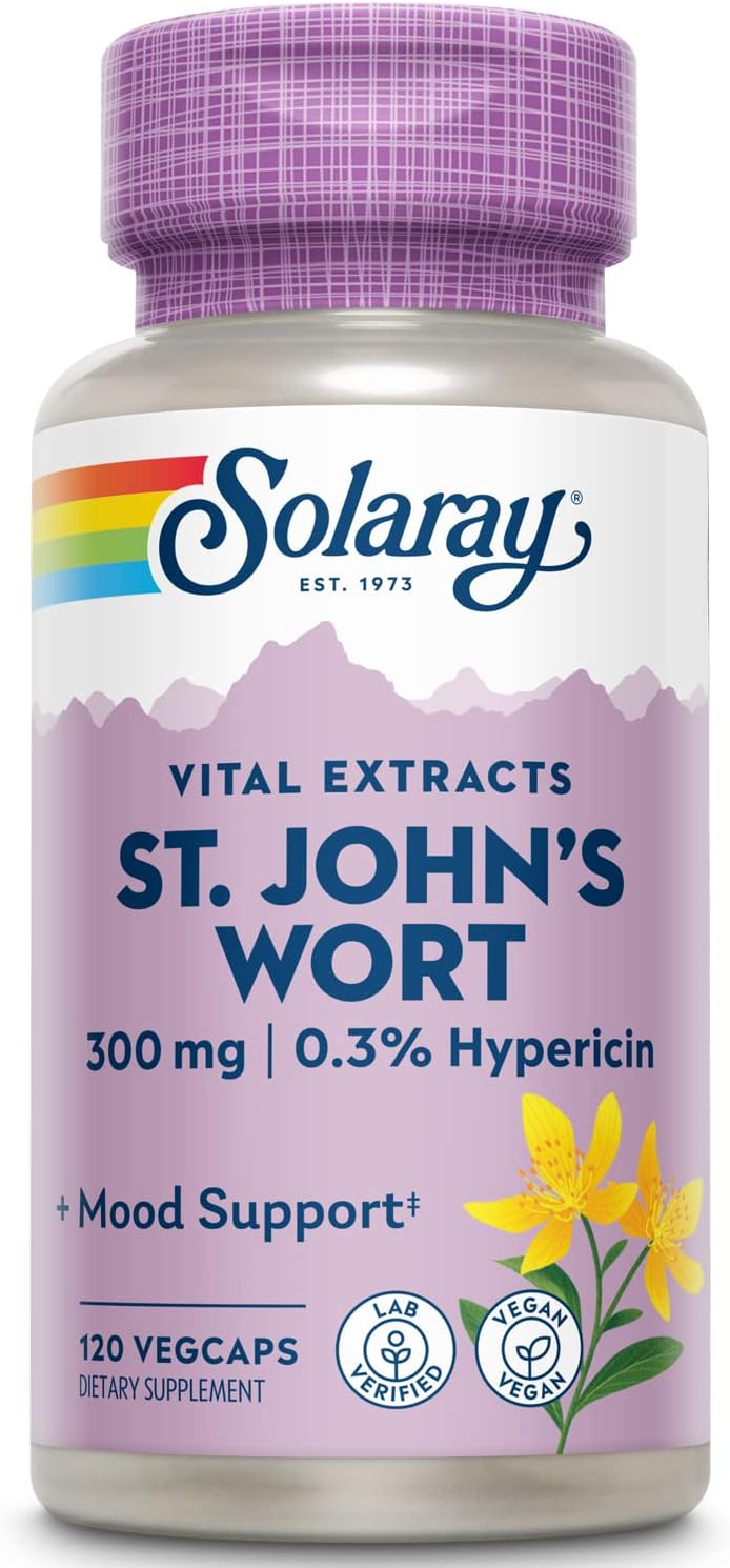 SOLARAY St Johns Wort Aerial Extract 300 mg, 0.3% Hypericin, Mood & Brain Health Support, Vegan & Lab Verified for Quality, 120 Servings, 120 VegCaps