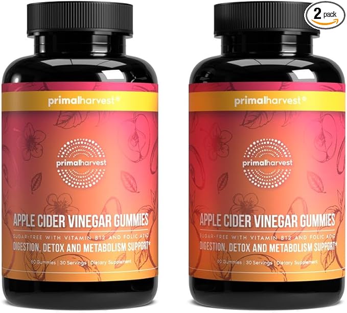Primal Harvest 2 Pack, ACV Gummies, Sugar Free Apple Cider Gummies Beetroot and Pomegranate to Support Immunity, Digestion and Detox 750 MG (120 Count)