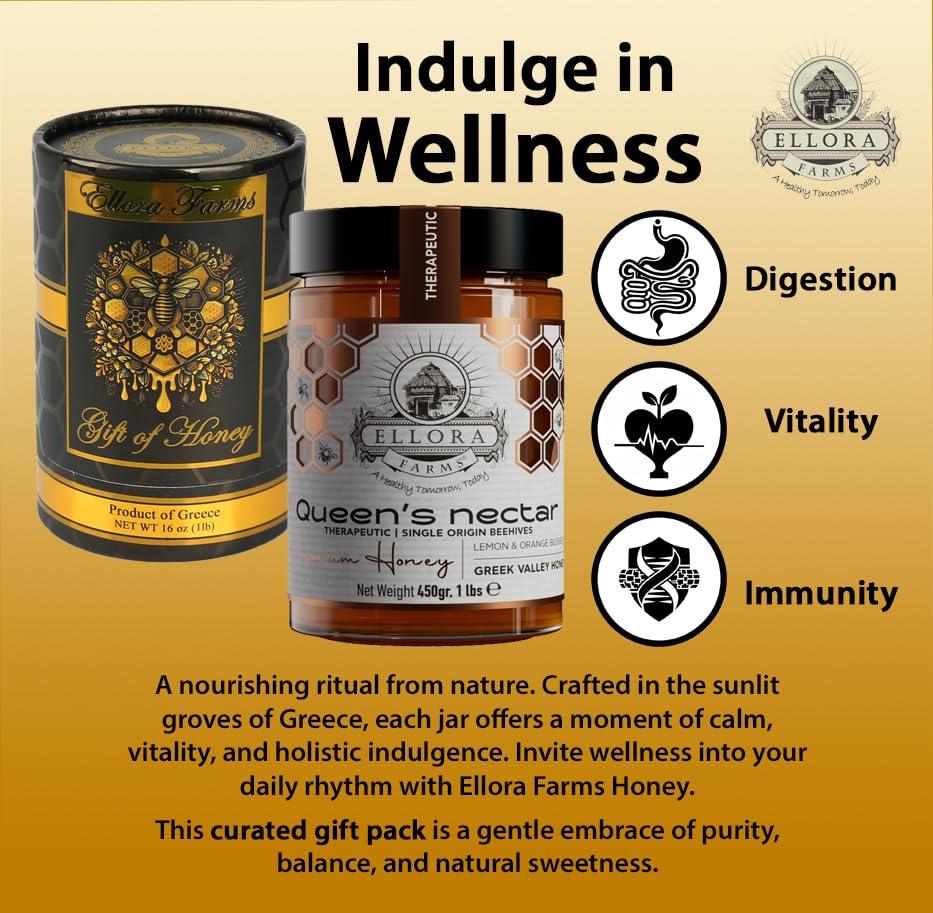 Ellora Farms Greek Honey, Lemon & Orange Blossom Raw Honey Unfiltered, 2025 Paris Platinum Award, Non-GMO and Unpasteurized, Gift Pack with Dipper - 450 g