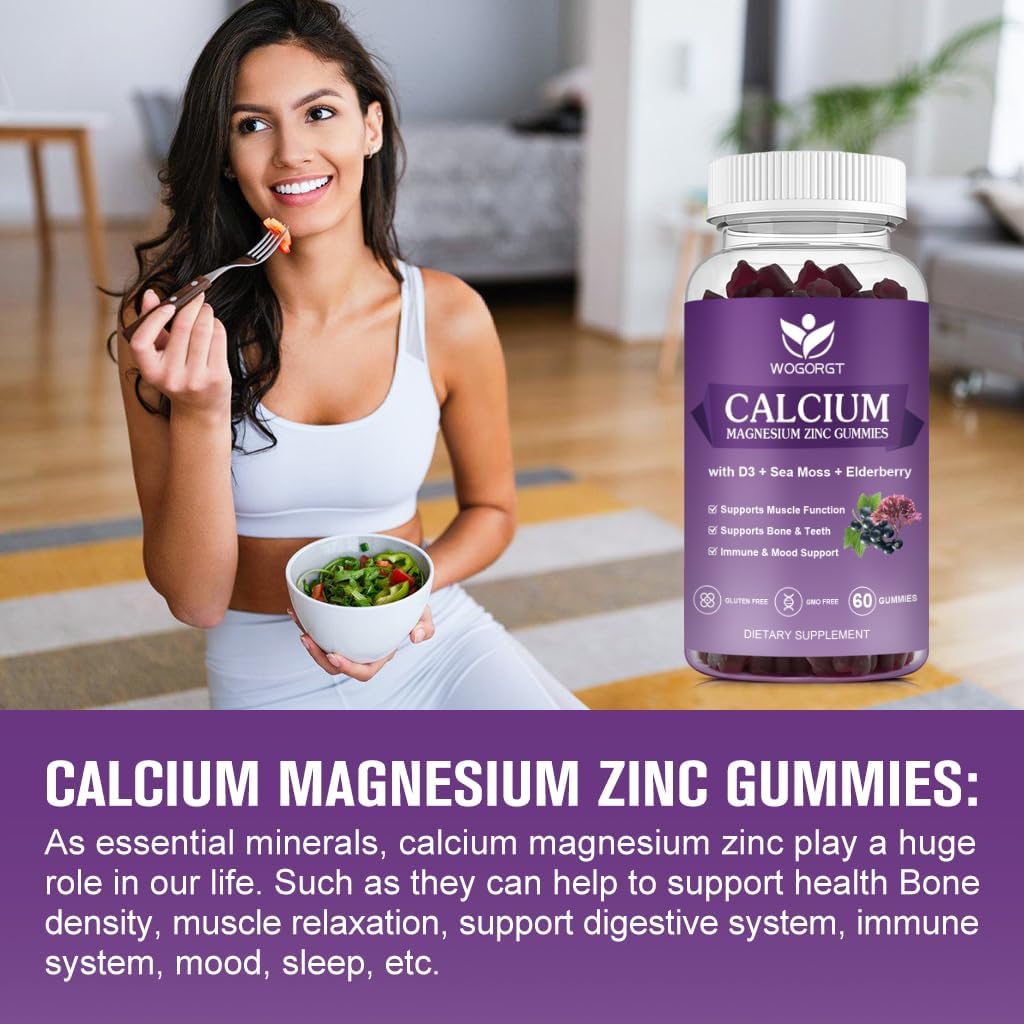 Calcium Magnesium Zinc Gummies with Vitamin D3 - High Absorption Complex Calcium Supplement with Sea Moss, Elderberry for Bone, Muscles, Immune, Mood & Sleep Support, Vegan - 60 Gummies (3 Pack)