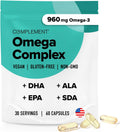 Vegan Omega 3 Supplement- 960mg Omega-3 Fatty Acids, DHA, EPA, SDA, ALA Supplement - Immune Support- 30 Servings, 60 Liquid Capsules