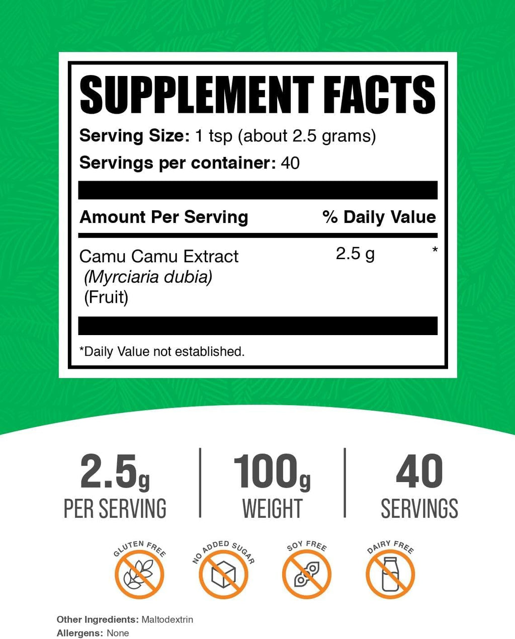 BulkSupplements.com Camu Camu Extract Powder - Superfood Supplement, Herbal Supplement - Vegan & Gluten Free, 2.5g per Serving, 100g (3.5 oz) (Pack of 1)