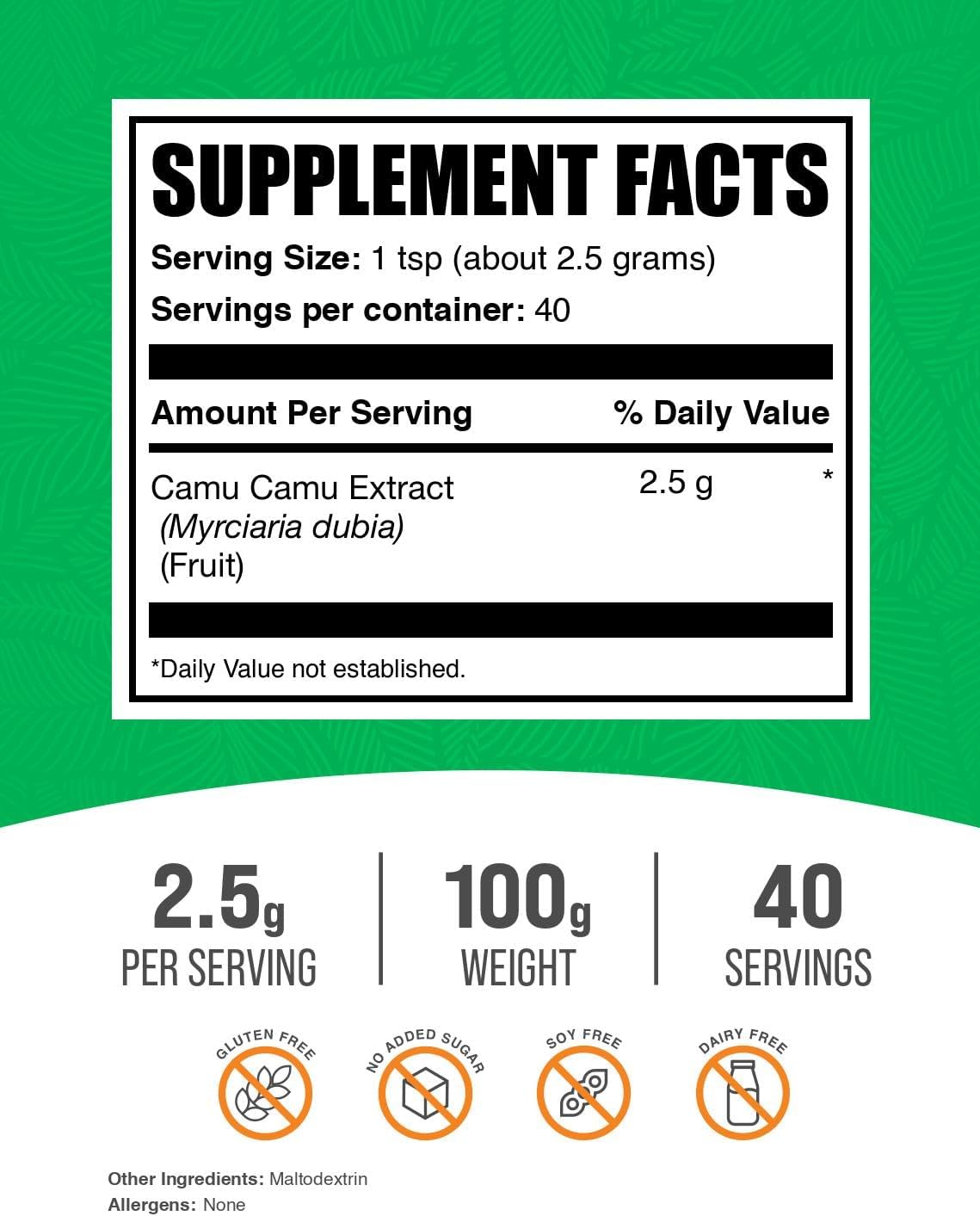 BulkSupplements.com Camu Camu Extract Powder - Superfood Supplement, Herbal Supplement - Vegan & Gluten Free, 2.5g per Serving, 100g (3.5 oz) (Pack of 1)