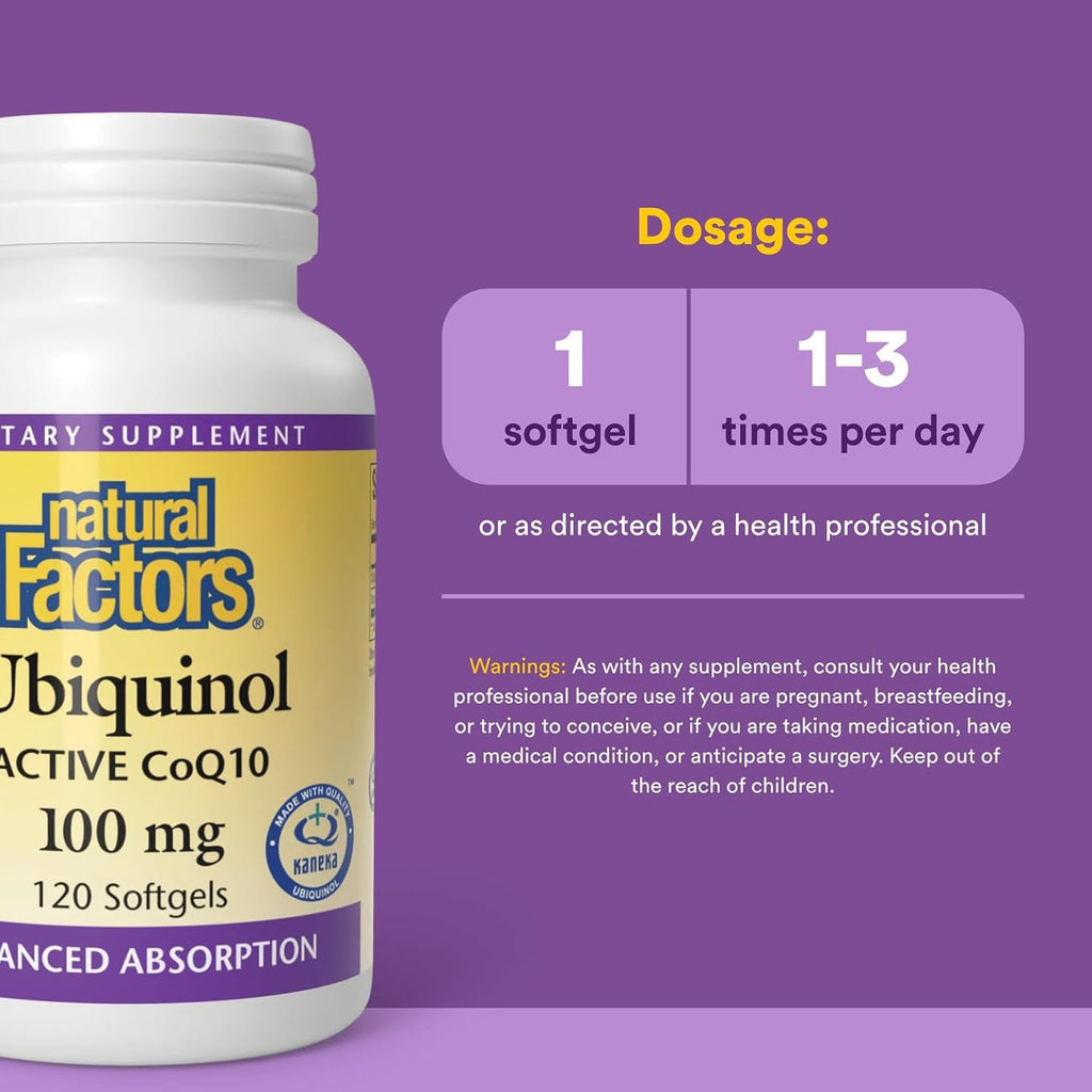 Natural Factors Ubiquinol Active CoQ10 100 mg, High-Absorption Coenzyme Q10 Supplement for Energy, Heart and Cognitive Support, 120 Softgels