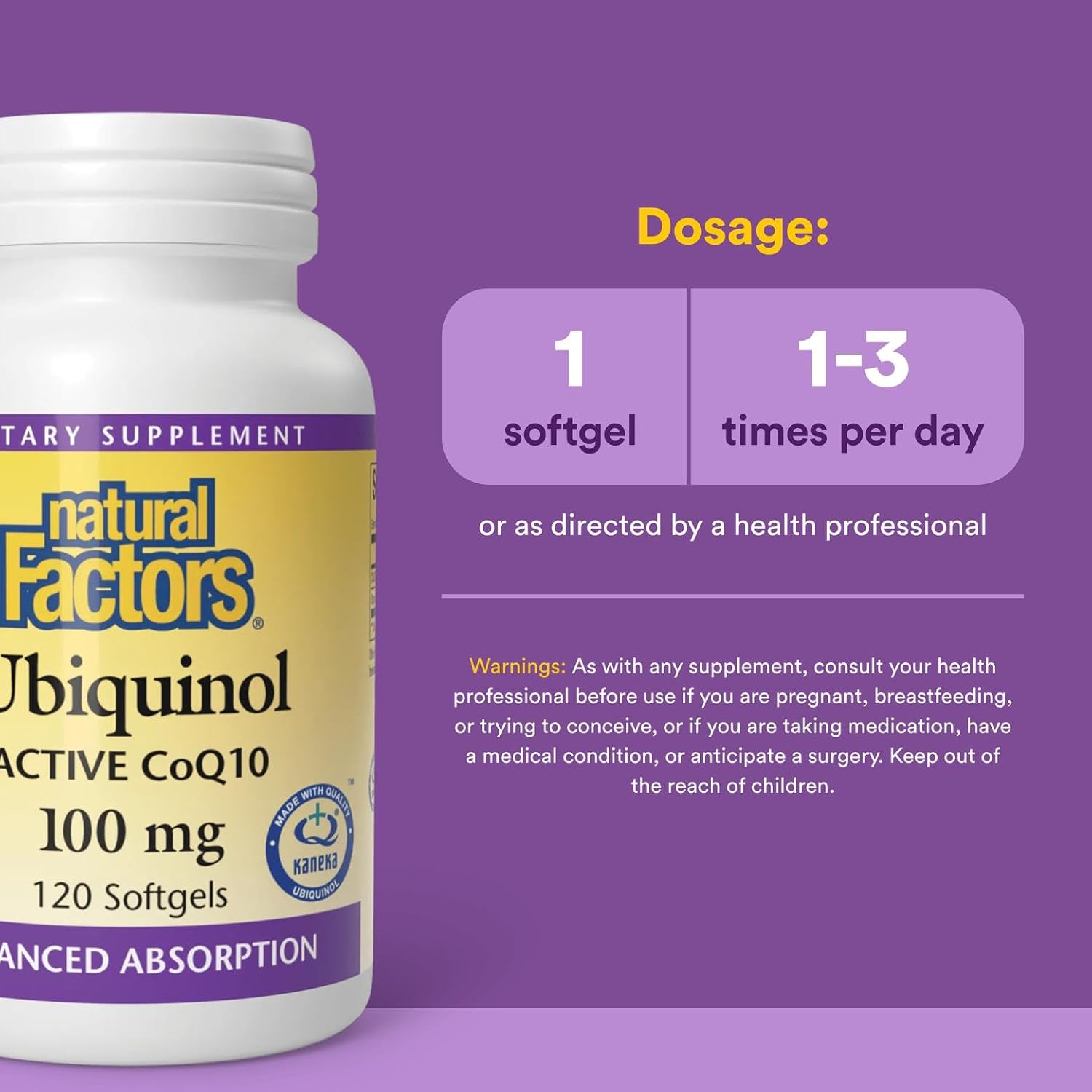 Natural Factors Ubiquinol Active CoQ10 100 mg, High-Absorption Coenzyme Q10 Supplement for Energy, Heart and Cognitive Support, 120 Softgels