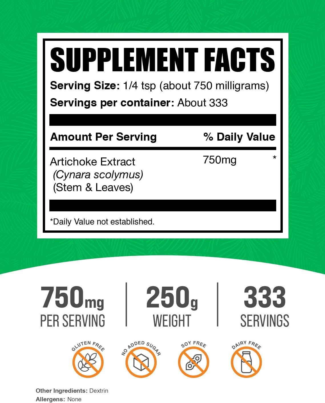 BulkSupplements.com Artichoke Extract Powder - Herbal Supplement, Artichoke Supplement - Vegan & Gluten Free, 750mg per Serving, 250g (8.8 oz) (Pack of 1)