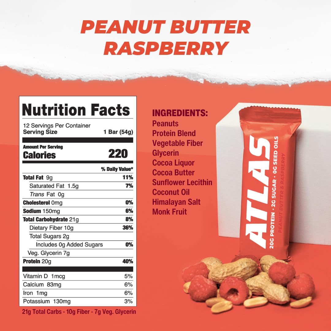 Atlas Bar – 20g Protein, 1g Sugar, 0g Seed Oils, 0g Artificial Sweeteners (36 Count, Peanut Butter Raspberry)
