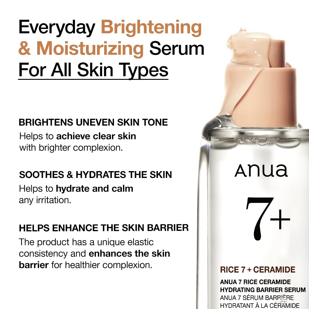 ANUA Rice Ceramide 7 Hydrating Barrier Serum, Moisturizing Serum for Face, Rice, Hyaluronic Acid, Niacinamide, Fragrance Free, Non-comodogenic, Glass Skin, Korean Skin Care, 50ml/1.69fl.oz.