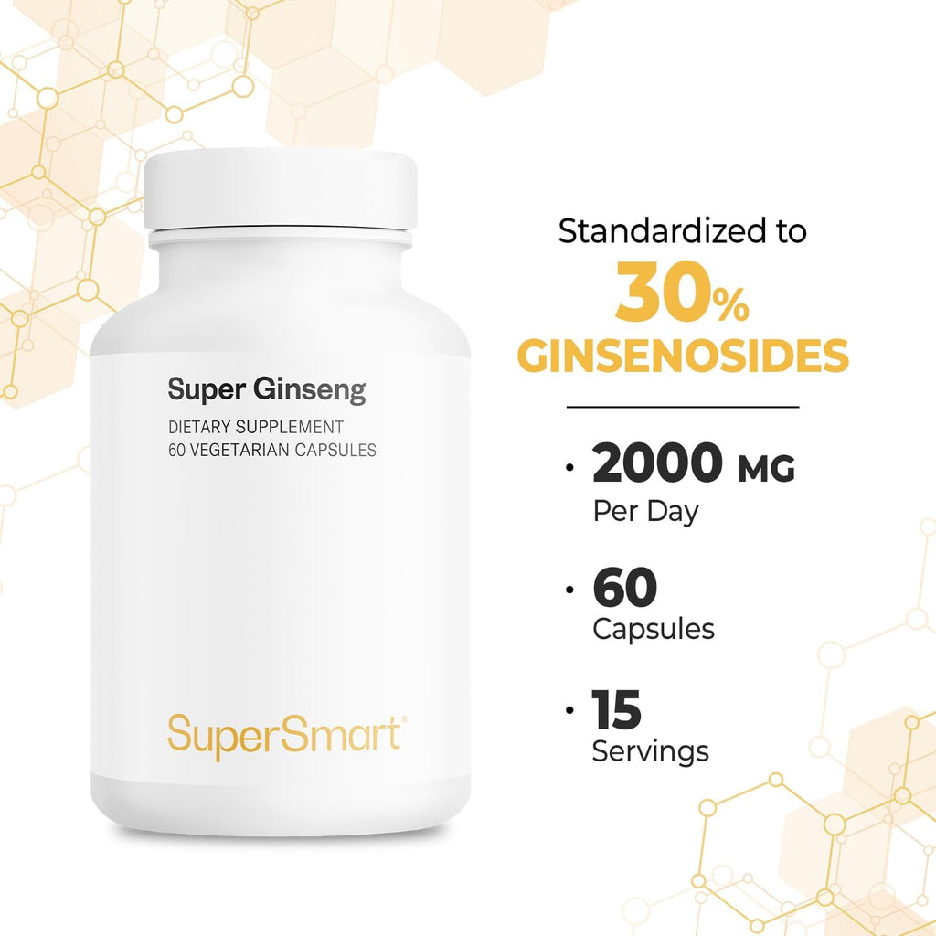 Supersmart - Ginseng 30% 2000mg per Day (High Strength) - Radix Panax Ginseng Supplement - Ginseng CA Meyer 30% Ginsenosides | Non-GMO & Gluten Free - 60 Vegetarian Capsules