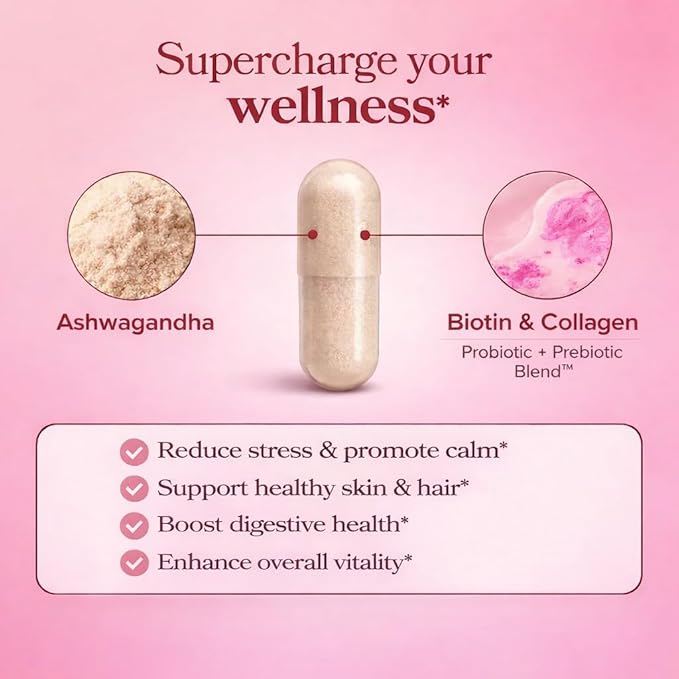 Ashwagandha for Women with Biotin & Collagen – 500mg Female-Optimized Stress & Hormone Support, Hair Skin & Nails – Non-GMO, Gluten-Free Capsules, 60 Count - 2-Month Supply