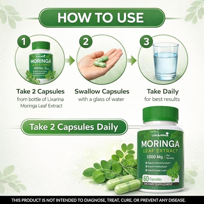 Moringa Capsules | Moringa Powder Organic | Moringa Supplement | 1000MG Moringa Leaf Extract, Complete Green Superfood 60 Count (Pack-3)