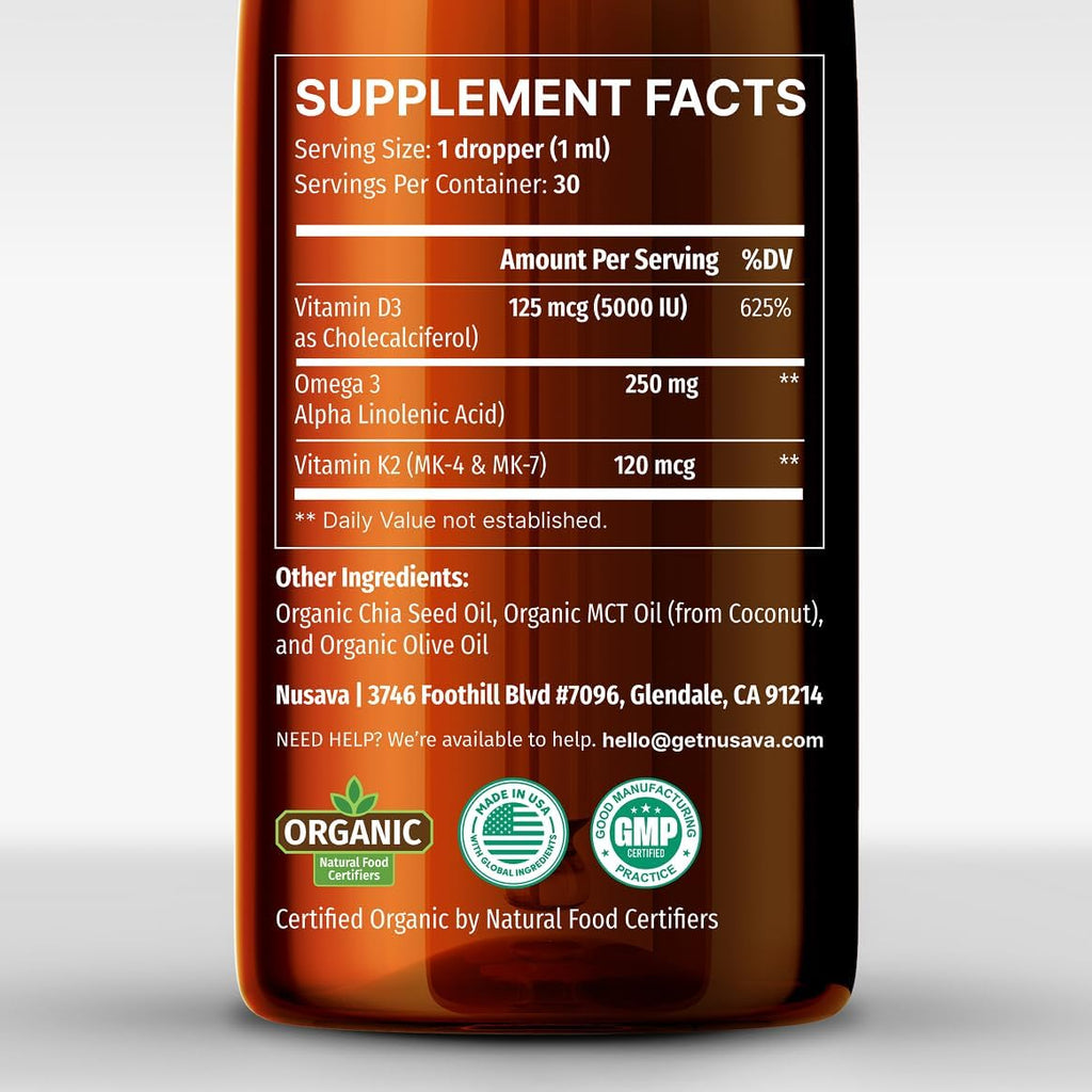 (2 Pack) Organic Vitamin D3 K2 Drops with MCT Oil, Omega 3, 5000 IU - Vitamin D Liquid, No Fillers, Non-GMO D3 for Body’s Defenses and Faster Absorption, Unflavored, 2 Fl Oz