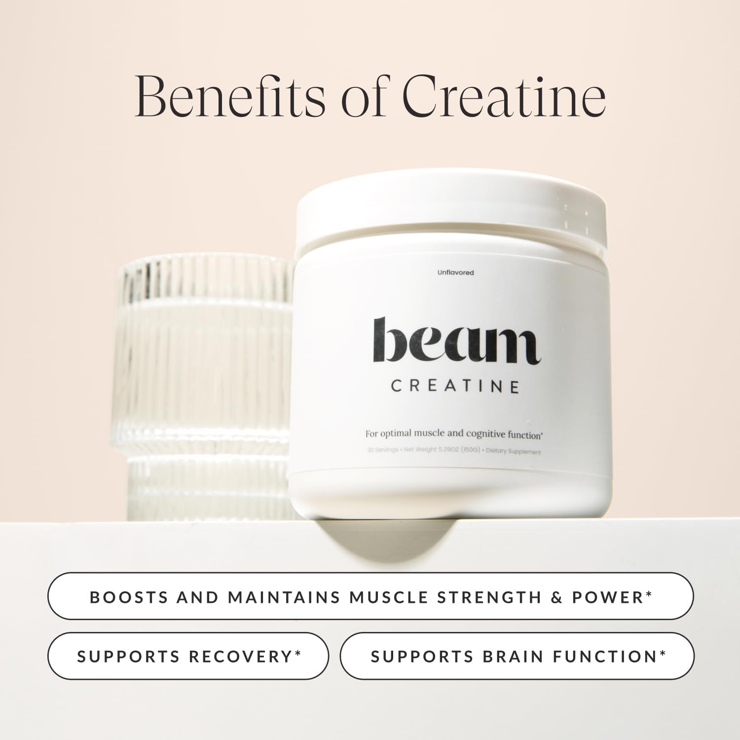 Beam Creatine Monohydrate Powder - Micronized Creatine for Muscle Growth, Strength, Endurance & Recovery - Unflavored, Fast-Dissolving, Workout Supplement for Men & Women, Keto & Vegan - 100 Servings