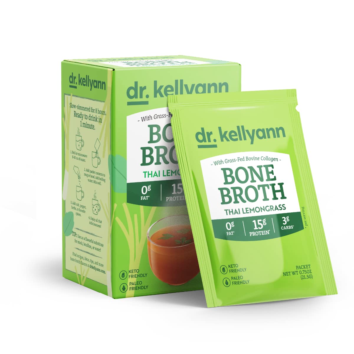 Dr. Kellyann Thai Lemongrass Bone Broth Packets (7 Servings) – 16g Protein, Grass-Fed Hydrolyzed Collagen, Keto & Paleo-Friendly