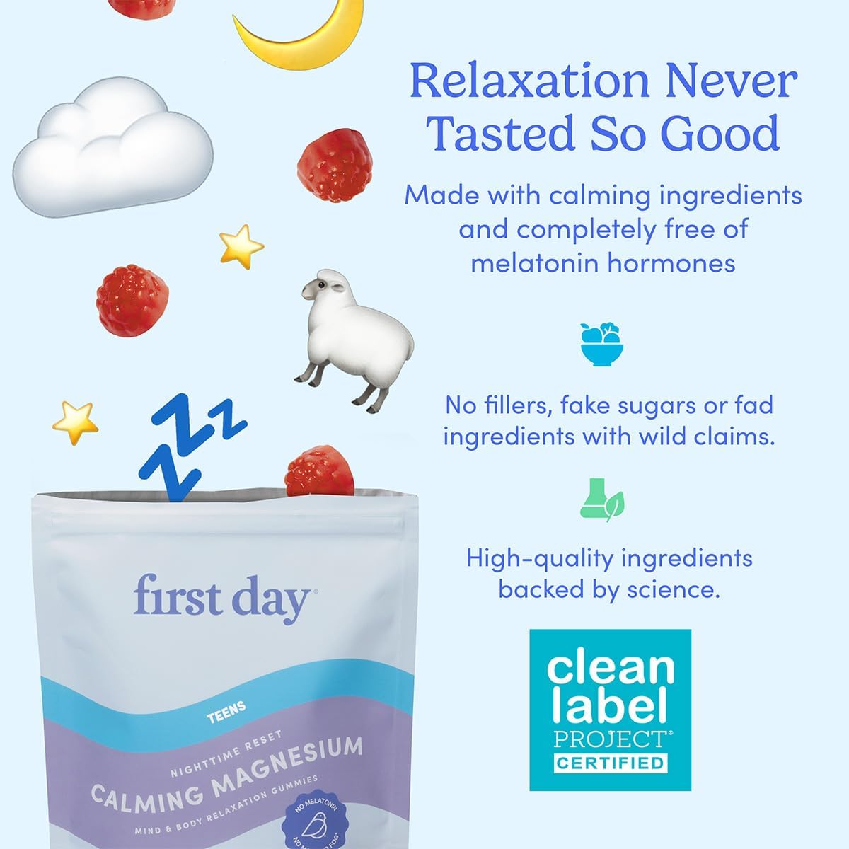 FIRST DAY Teens’ Nighttime Reset Calming Magnesium Gummies – Sleep Aid Supports Peaceful Rest, Balanced Mood & Energy – Supplement with Magnesium Citrate, Affron & No Melatonin – 60-Day Supply