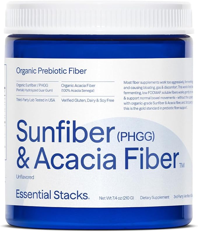 Essential Stacks Organic Sunfiber Prebiotic Fiber (Partially Hydrolyzed Guar Gum/PHGG) with Acacia Fiber Powder - Gluten Free, Non-GMO & Unflavored (7.4 oz)