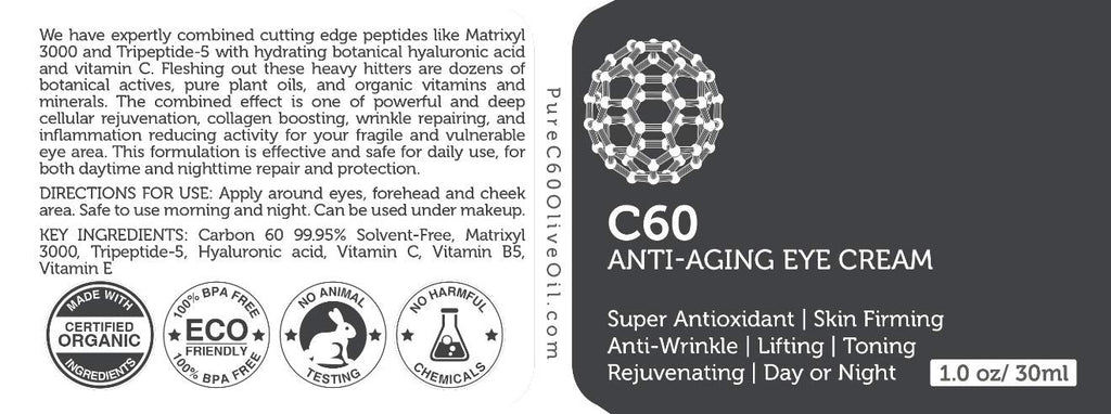 C60 Anti-Aging Eye Cream 30ml with Matrixyl 3000, Tripeptide-5, Hydrating Botanical Hyaluronic Acid and Vitamin C for Men & Women Made with Organic Ingredients