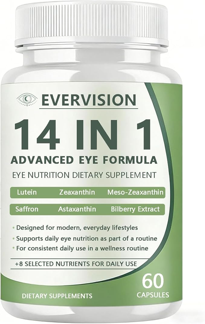 Evervision 14-in-1 Advanced Eye Formula, Daily Eye Nutrition Supplement with Lutein, Zeaxanthin, Saffron & Bilberry Extract, Eye Health Support for Adults – 60 Capsules (1)