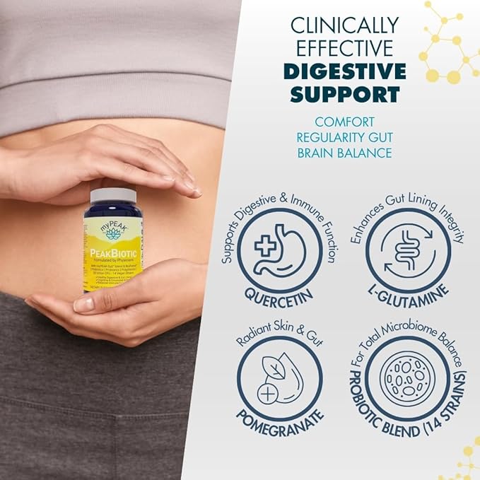 myPEAK PeakBiotic: The Ultimate Vegan Synbiotic with 50 Billion CFU Probiotics Prebiotics Postbiotics Modbiotics and Gut Lining to Enhance Digestion, Skin, and Mood with 2-Month Supply, 60 Capsules