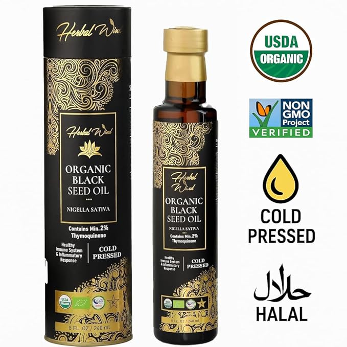 Herbal Wind Black Seed Oil: Cold Pressed USDA Organic Black Seed Oil Liquid - Turkish Nigella Sativa Black Cumin Seed Oil with Min. 2% Thymoquinone for Immune Support, Joint Health and More - 8 Fl Oz