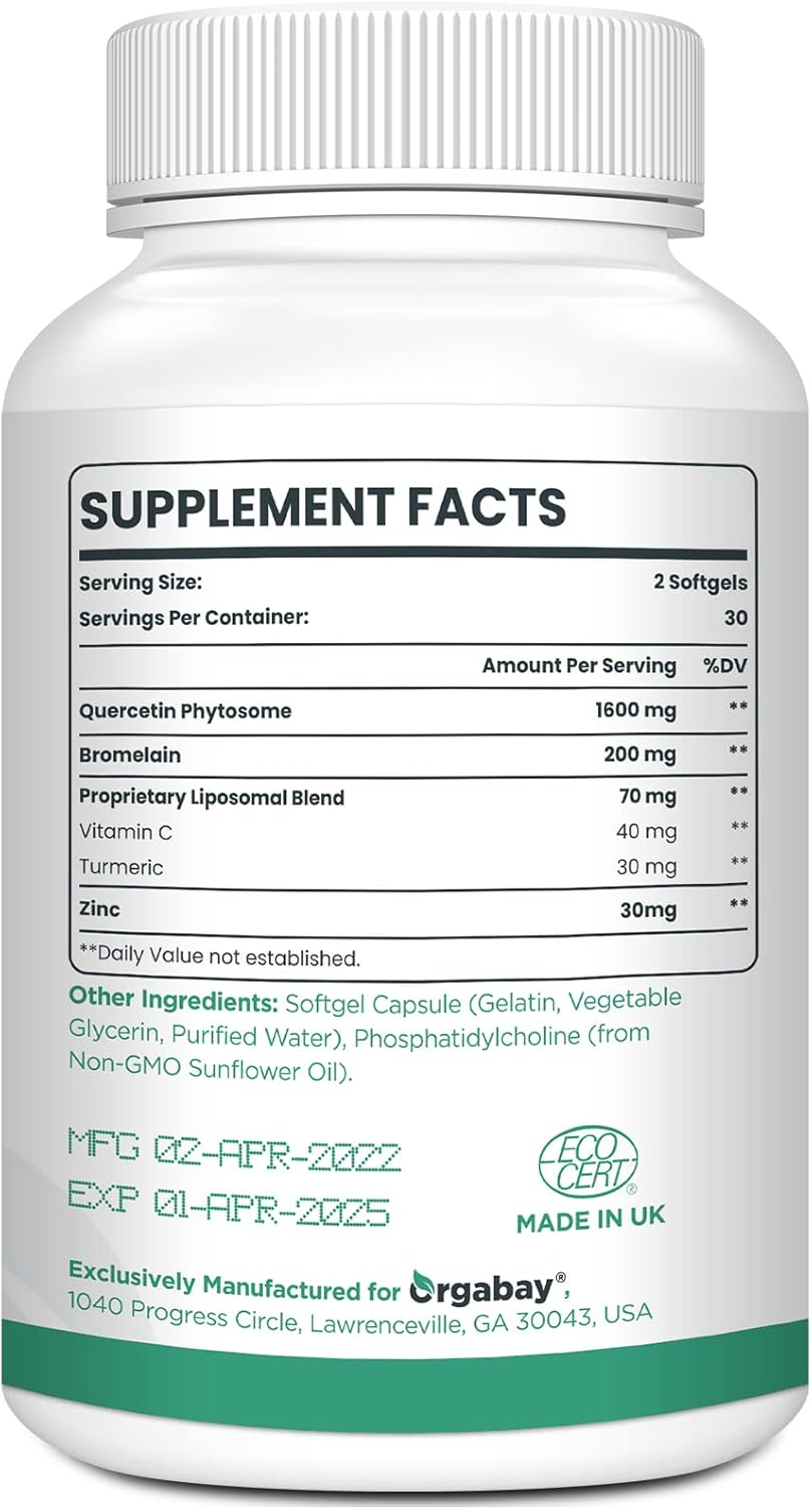 Orgabay Liposomal Quercetin Phytosome 1600 mg,Bromelain 200mg,Zinc 30mg,Vitamin C Turmeric 40 mg,Highest Absorption,Quercetin Complex, 120 Softgels