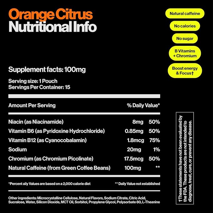 Wip Energy Pouches | 100mg Natural Caffeine | Vitamins and Minerals | Orange Citrus | 15 Pouches Per Can | 3 Cans