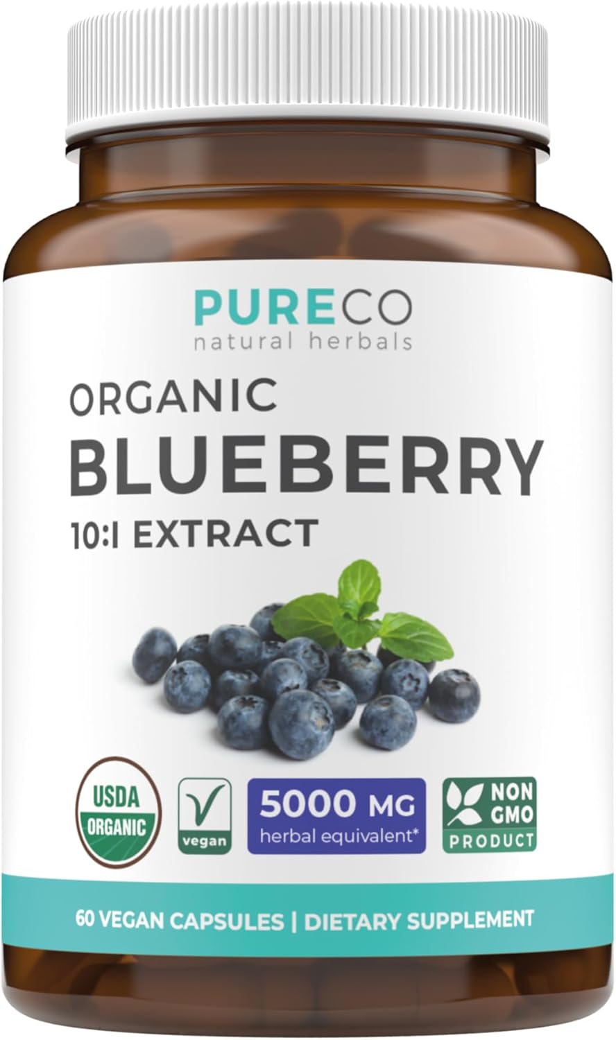 Certified Organic Blueberry Extract Capsules - High Potency 10:1 Blueberry Supplement with 5000mg Herbal Equivalent for Wellness Brain & Immune Support - Vegan Non-GMO & Lab Verified (2 Month Supply)