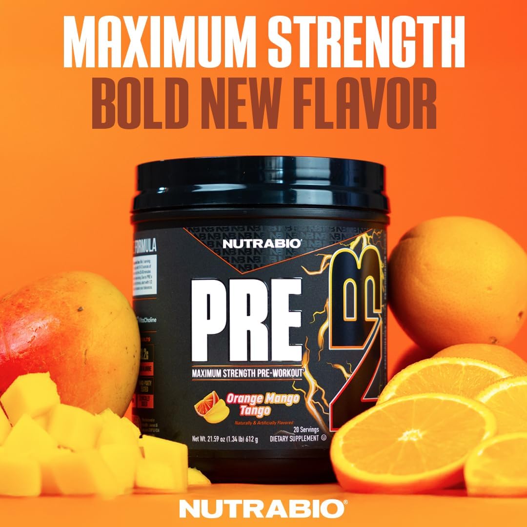 NutraBio PRE Workout Powder - New Formula- Sustained Energy, Mental Focus, Endurance - Beta Alanine, Caffeine, Electrolytes - 20 Servings - Orange Mango Tango