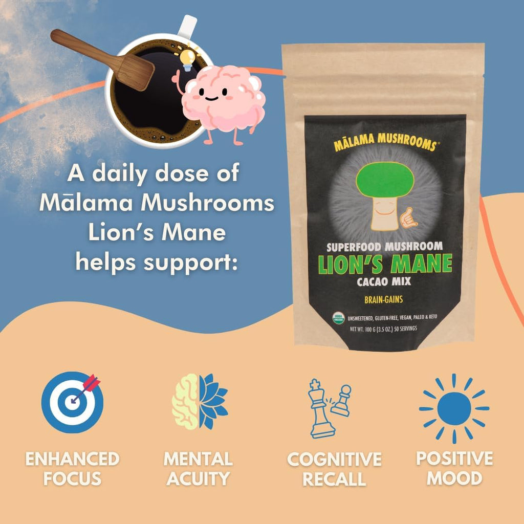 Malama Organic Mushroom Hot Cacao Mix, Lion's Mane Mushroom Powder with Fair Trade Cacao for Focus, Memory, & Immune Support – Vegan Supplement & Superfood, Non GMO, 3.5 oz (50 Servings)