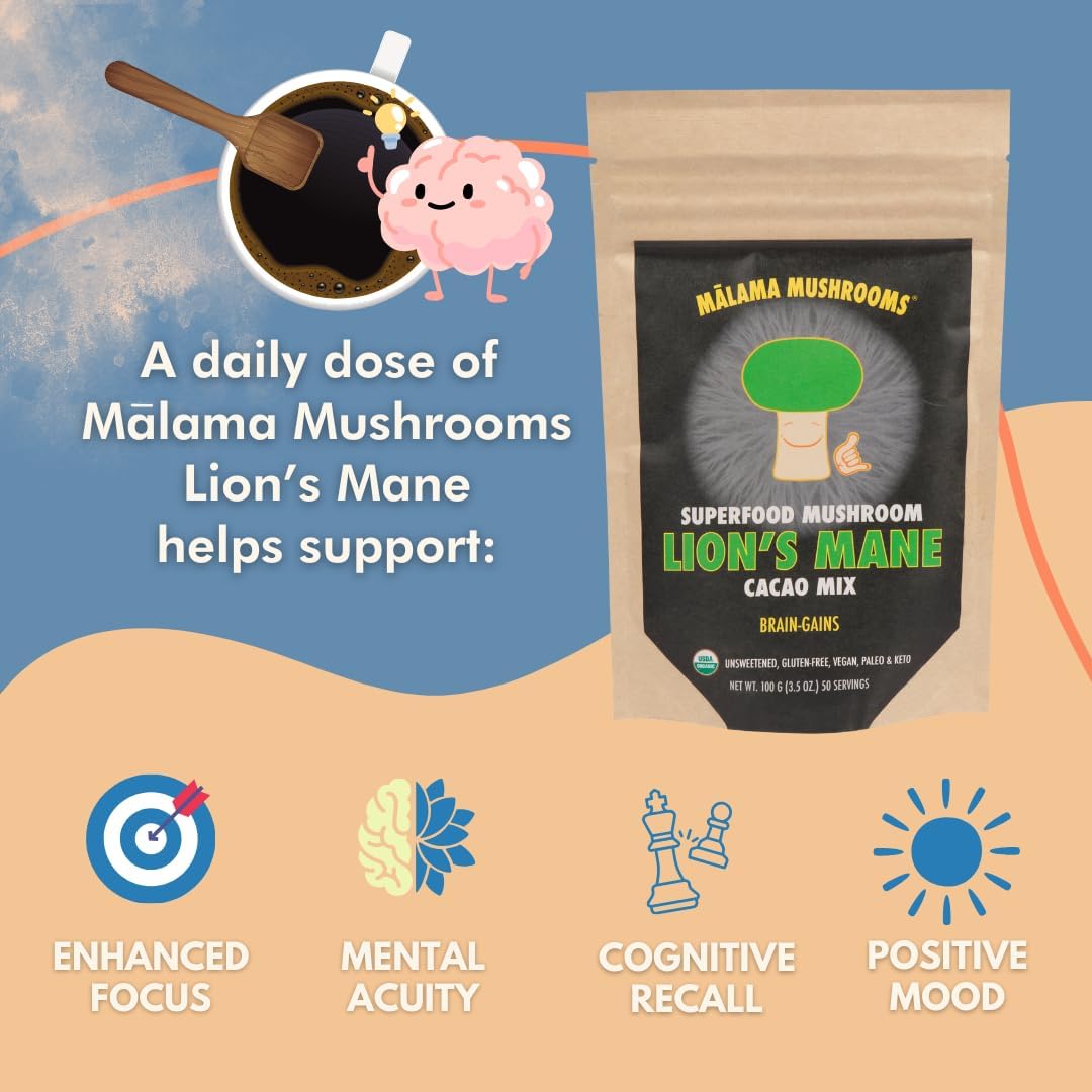 Malama Organic Mushroom Hot Cacao Mix, Lion's Mane Mushroom Powder with Fair Trade Cacao for Focus, Memory, & Immune Support – Vegan Supplement & Superfood, Non GMO, 3.5 oz (50 Servings)